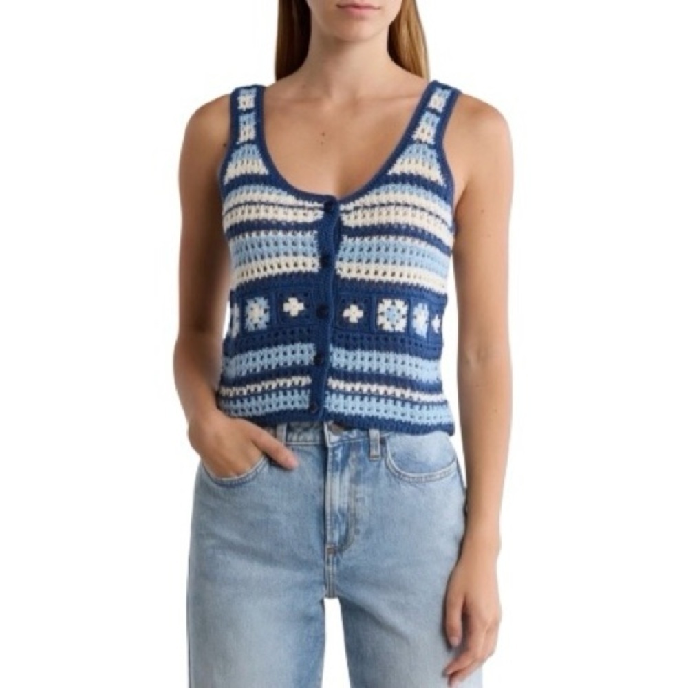 Cotton Emporium Crocheted Square Buttoned Blue and White Tank Top XL Never worn